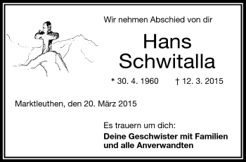 Traueranzeige von Hans Schwitalla von Frankenpost