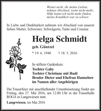 Traueranzeige von Helga Schmidt von Südthüringer Presse