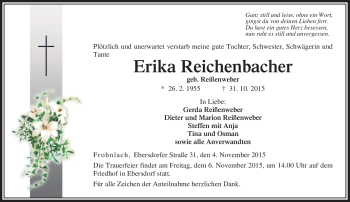 Traueranzeige von Erika Reichenbacher von Neue Presse Coburg