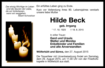 Traueranzeige von Hilde Beck von Südthüringer Presse