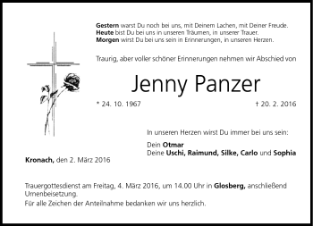 Traueranzeige von Jenny Panzer von Neue Presse Coburg