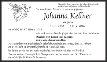Traueranzeige von Johanna Kellner von Frankenpost