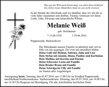 Traueranzeige von Melanie Weiß von Frankenpost