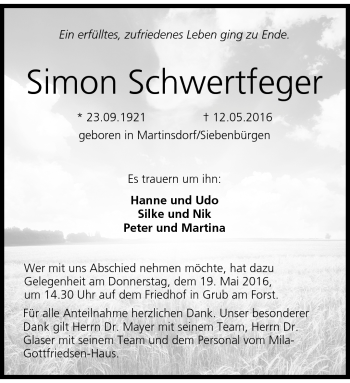 Traueranzeige von Simon Schwertfeger von Neue Presse Coburg