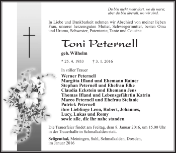 Traueranzeige von Toni Peternell von Südthüringer Presse