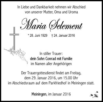 Traueranzeige von Maria Selement von Südthüringer Presse