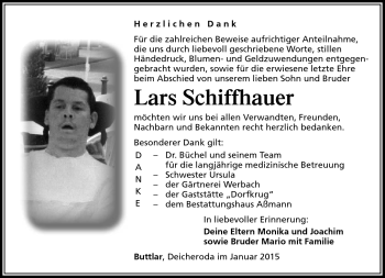 Traueranzeige von Lars Schiffhauer von Südthüringer Presse