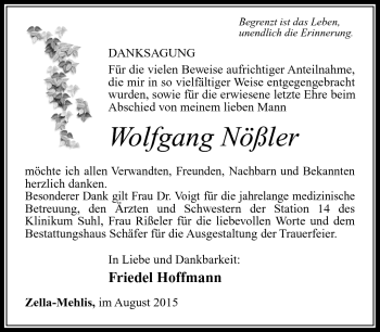 Traueranzeige von Wolfgang Nößler von Südthüringer Presse