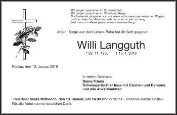 Traueranzeige von Willi Langguth von Frankenpost