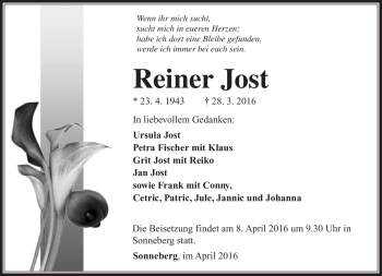 Traueranzeige von Reiner Jost von Südthüringer Presse
