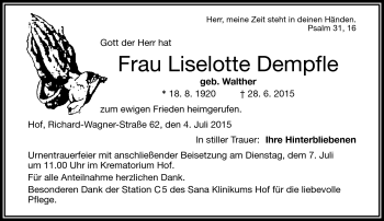 Traueranzeige von Liselotte Dempfle von Frankenpost