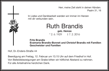 Traueranzeige von Ruth Brandis von Frankenpost