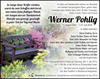 Traueranzeige von Werner Pohlig von Südthüringer Presse