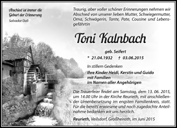 Traueranzeige von Toni Kalnbach von Südthüringer Presse