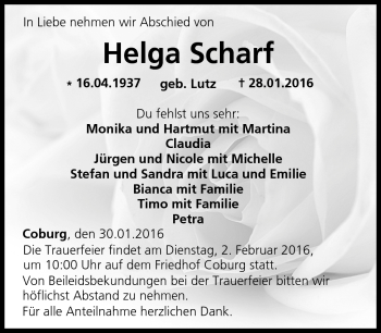 Traueranzeige von Helga Scharf von Neue Presse Coburg