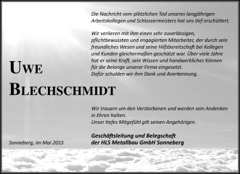 Traueranzeige von Uwe Blechschmidt von Südthüringer Presse