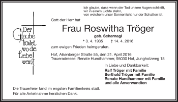 Traueranzeige von Roswitha Tröger von Frankenpost