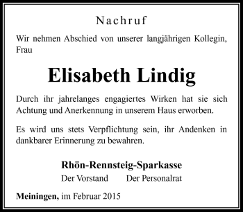 Traueranzeige von Elisabeth Linding von Südthüringer Presse