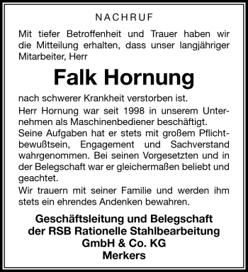 Traueranzeige von Falk Hornung von Südthüringer Presse