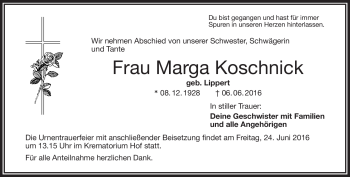 Traueranzeige von Marga Koschnick von Frankenpost