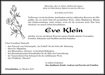 Traueranzeige von Eve Klein von Südthüringer Presse