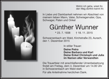 Traueranzeige von Günther Wunner von Frankenpost