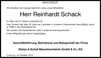 Traueranzeige von Reinhardt Schack von Neue Presse Coburg