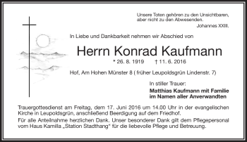 Traueranzeige von Konrad Kaufmann von Frankenpost