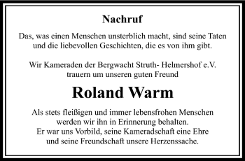 Traueranzeige von Roland Warm von Südthüringer Presse