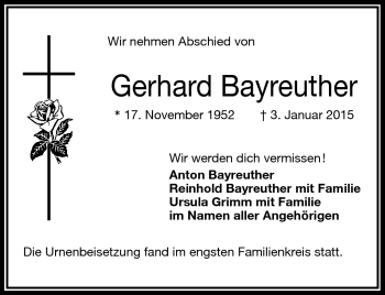 Traueranzeige von Gerhard Bayreuther von Frankenpost