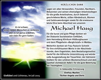 Traueranzeige von Michael Haug von Südthüringer Presse