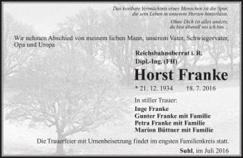 Traueranzeige von Horst Franke von Südthüringer Presse