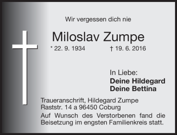 Traueranzeige von Miloslav Zumpe von Neue Presse Coburg