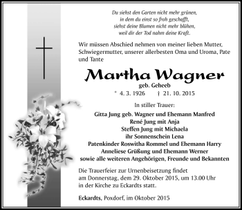 Traueranzeige von Martha Wagner von Südthüringer Presse