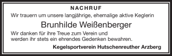 Traueranzeige von Brunhilde Weißenberger von Frankenpost