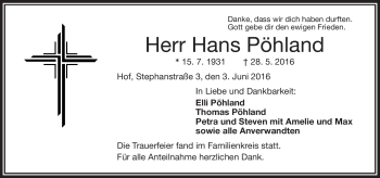Traueranzeige von Hans Pöhland von Frankenpost