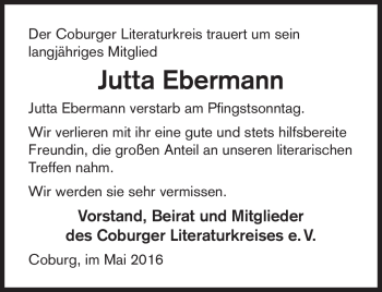 Traueranzeige von Jutta Ebermann von Neue Presse Coburg