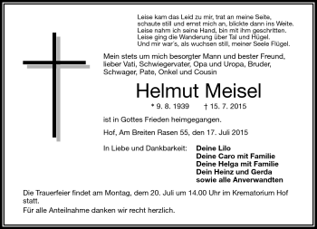 Traueranzeige von Helmut Meisel von Frankenpost