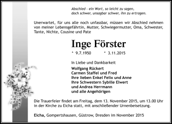 Traueranzeige von Inge Förster von Südthüringer Presse