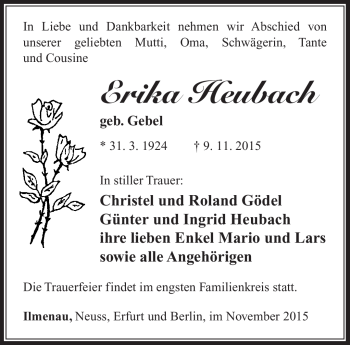Traueranzeige von Erika Heubach von Südthüringer Presse