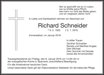 Traueranzeige von Richard Schneider von Frankenpost