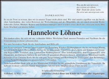 Traueranzeige von Hannelore Löhner von Südthüringer Presse