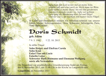 Traueranzeige von Doris Schmidt von Südthüringer Presse