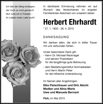 Traueranzeige von Herbert Ehrhardt von Südthüringer Presse