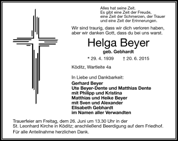 Traueranzeige von Helga Beyer von Frankenpost