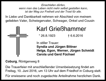 Traueranzeige von Karl Grießhammer von Neue Presse Coburg