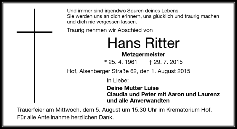  Traueranzeige für Hans Ritter vom 01.08.2015 aus Frankenpost