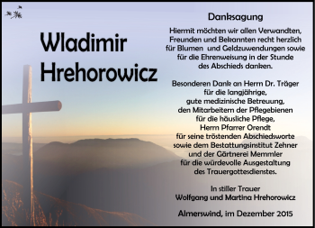 Traueranzeige von Wladimir Hrehorowicz von Südthüringer Presse