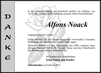 Traueranzeige von Alfons Noack von Südthüringer Presse