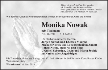 Traueranzeige von Monika Nowak von Südthüringer Presse